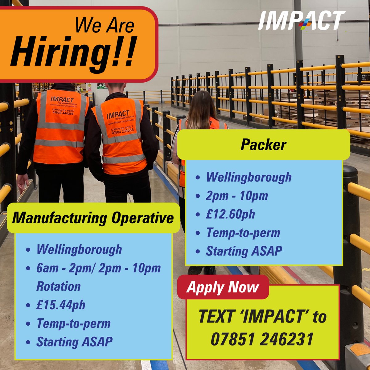 ImpactExtra's tweet photo. 📢New Temp-to-perm Warehouse Roles in Wellingborough starting ASAP!!

PACKING OPERATIVE
Shift: 2pm-10pm
Pay Rate: £12.60 per hour

MANUFACTURING OPERATIVE
Shift: 6am – 2pm / 2pm -10pm Rotation
Pay Rate: £15.44ph

TEXT ‘IMPACT WELLI’ to 07851 246231 https://t.co/nVDW1aKFFC