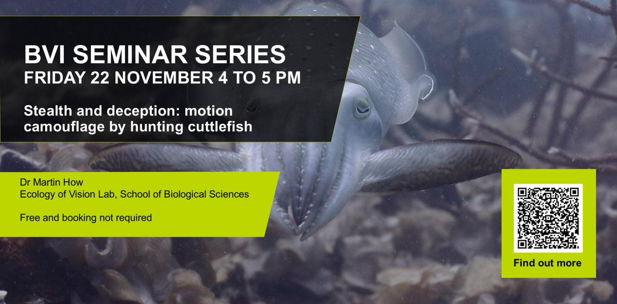 Bristol Vision Institute (@visioninstitute) on Twitter photo Join us for our next #BVIseminar on Friday 22 November at 4pm GMT where <a href="/DrMartinJohnHow/">Dr Martin John How</a> will be discussing 'Stealth and deception: motion camouflage by hunting cuttlefish'. Come along in-person, or online via Zoom - bristol-ac-uk.zoom.us/j/92182614846 Join us for our next #BVIseminar on Friday 22 November at 4pm GMT where <a href="/DrMartinJohnHow/">Dr Martin John How</a> will be discussing 'Stealth and deception: motion camouflage by hunting cuttlefish'. Come along in-person, or online via Zoom - bristol-ac-uk.zoom.us/j/92182614846