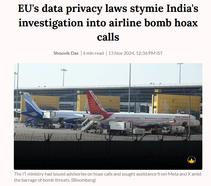 _DialogueIndia's tweet image. 📰 #MediaFeature #BombHoax #EUPrivacyLaws

India’s investigation into recent bomb hoax calls targeting its airlines and hospitality sectors is facing setbacks due to the European Union’s stringent data privacy laws. With most calls routed through European virtual private networks