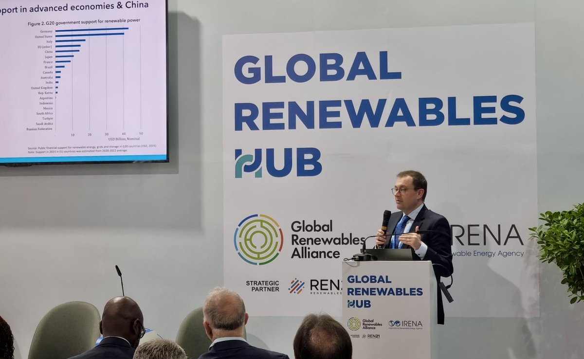 IISD_Energy's tweet photo. 🚨 Live from #COP29

"Renewable energy support is increasing but subsidies for fossil fuels are rising at an even higher rate. We need to urgently close this gap. Subsidies for fossil fuels are still 3-4x higher than for renewables," said @philgass at #GlobalRenewablesHub. https://t.co/PBzEUAMjCM