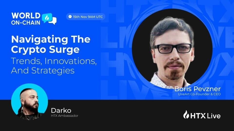 HTX Community (@htxcommunity) on Twitter photo #HTX Live on Nov 15, 9 AM UTC
<a href="/bpevzner/">Boris Pevzner</a>, Co-founder & CEO of <a href="/LiveArtX/">LiveArt</a>, is back with #BULL 🐂 market insights!
✅ Follow <a href="/HTXCommunity/">HTX Community</a> <a href="/HTX_Live/">HTX-Live</a>
🔁 RT+tag 2
📺 Subscribe now: htx.com/en-us/live/det… #HTX Live on Nov 15, 9 AM UTC
<a href="/bpevzner/">Boris Pevzner</a>, Co-founder & CEO of <a href="/LiveArtX/">LiveArt</a>, is back with #BULL 🐂 market insights!
✅ Follow <a href="/HTXCommunity/">HTX Community</a> <a href="/HTX_Live/">HTX-Live</a>
🔁 RT+tag 2
📺 Subscribe now: htx.com/en-us/live/det…