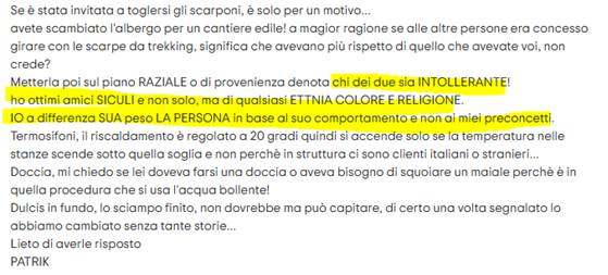 g_pontello's tweet photo. @CherylWroteIt @GiorgiaMeloni In this response to a review on Tripadvisor, Hotel Garnì Ongaro accuses the reviewer of being racist and intolerant, and says that, unlike him, the hotel staff judges people only for who they are, without prejudice.
Isn't that ironic? https://t.co/uaOsEfbqw1