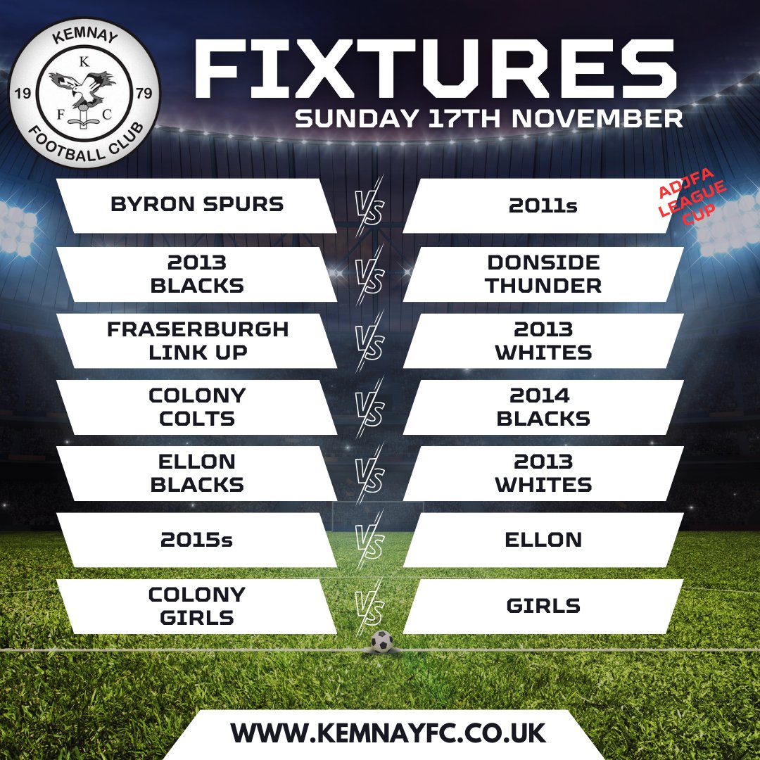 Another game loaded weekend incoming!

Our 2011s are in League Cup action against Byron Spurs. 2013 Blacks &amp; 2015s are home against Donside &amp; Ellon respectively

2013 Whites head north to Fraserburgh, 2014 Whites head to Ellon &amp; 2014 Blacks &amp; Girls are in Inverurie to play Colony