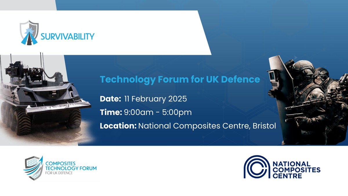 Expand your network, tour our cutting-edge facilities, and collaborate with top minds in defence! Submit your abstract for our next #TechDay by 31 Dec.

Join us 11 Feb 2025 at National Composites Centre 

Link to submit bit.ly/3AYsCoH

#Defence #Networking #Survivability