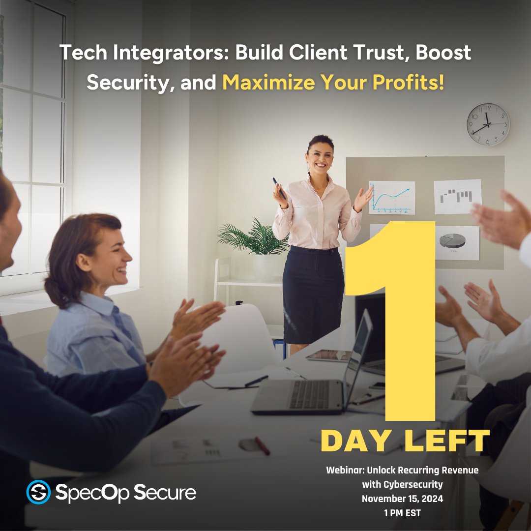 SpecOpSecure's tweet image. Last Call! 🚨 Tomorrow&apos;s the day! Join Farr Shepherd to turn cybersecurity into a revenue stream. Only 1 day left—are you in? ⏰ Register now before it&apos;s too late! 🔗 d-cy.net/specopsecurewe… #CyberSecurityWebinar #RevenueBoost #IntegratorSolutions