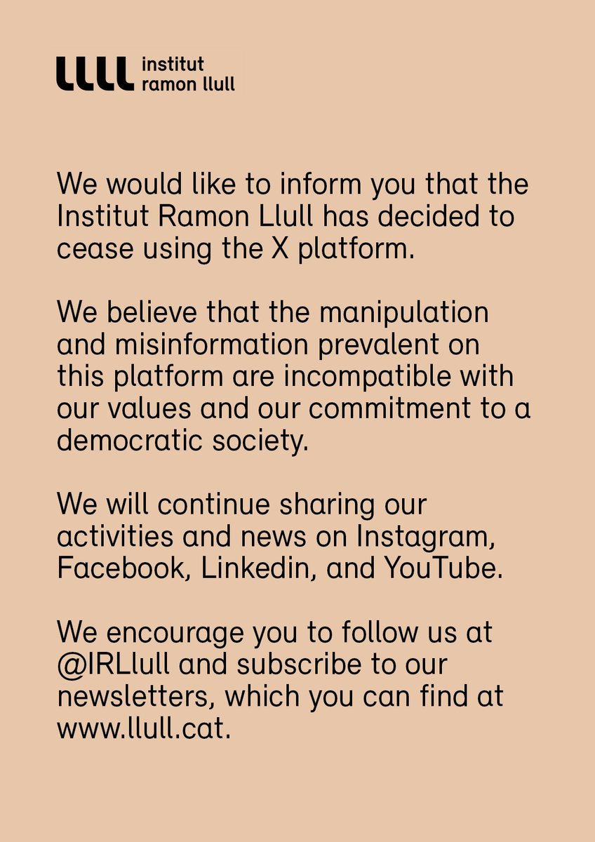 📣 We would like to inform you that the Institut Ramon Llull has decided to cease using the X platform.