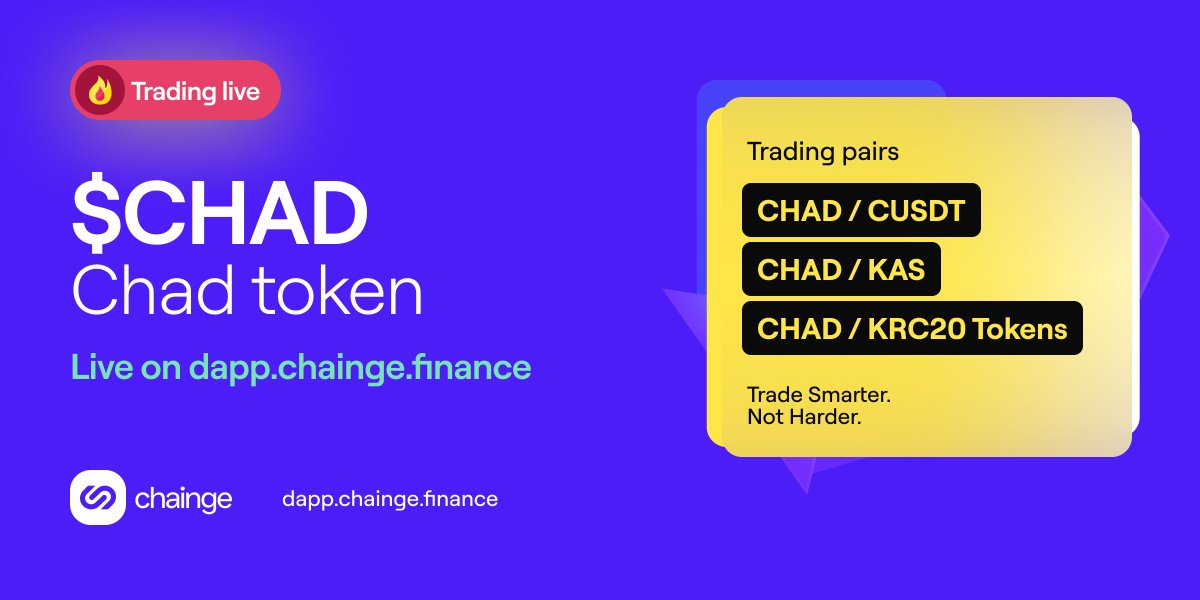 Thrilled to announce a new #KRC20 token is available for trading on dapp.chainge.finance!

You can now buy &amp; sell $CHAD with $CUSDT, $KAS and multiple KRC20 tokens

Check out the waiting list at krc20.chainge.finance and add liquidity to support KRC20 token listings!
