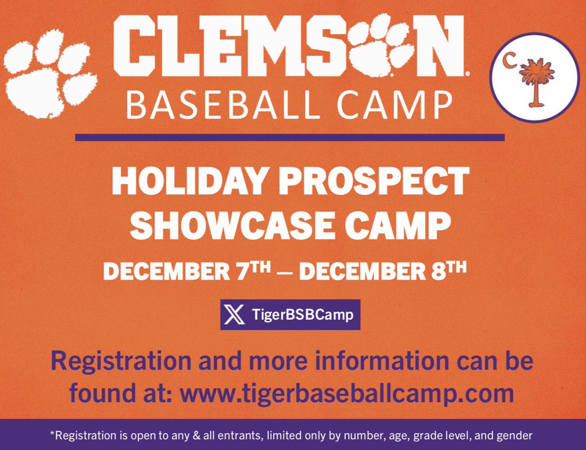 Don’t miss your chance to sign up for our upcoming Holiday Prospect Camp! 

📅 Saturday, December 7th - Sunday, December 8th 

📍Doug Kingsmore Stadium 

💻 clemsonbaseballcamp.com 

✅ CU at DKS! 

🐅 GO TIGERS🐾