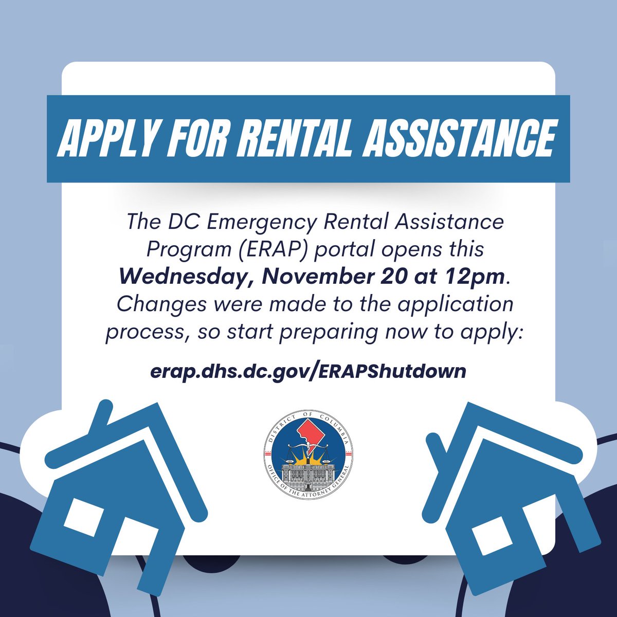 DC, mark your calendar — emergency rental assistance (ERAP) applications open this Wednesday, November 20 at noon! 🏘️

There are changes to the application process this year, so start preparing your materials now if you need to apply: erap.dhs.dc.gov/ERAPShutdown

Spread the word! 🔊