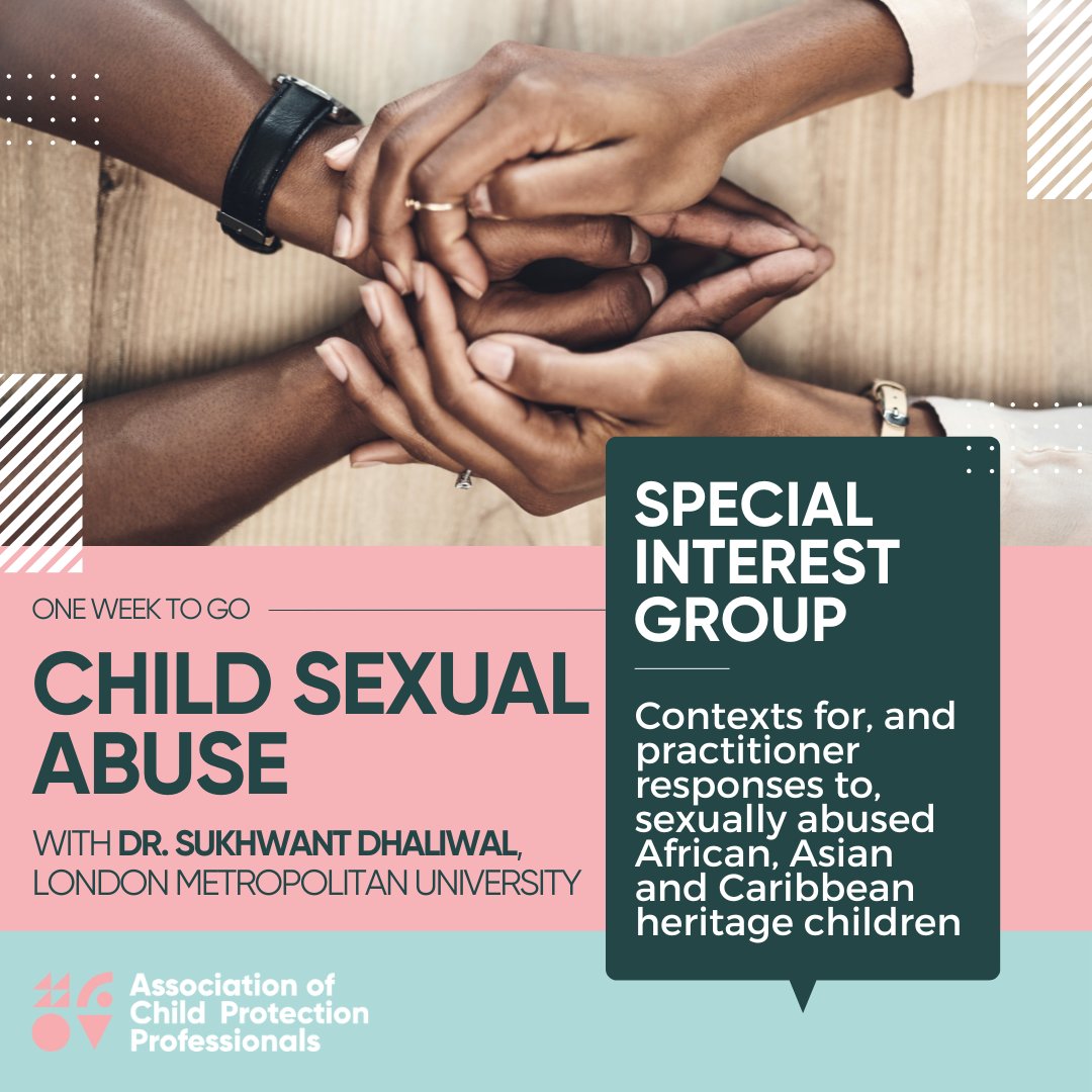 Association of Child Protection Professionals (@aocpptweet) on Twitter photo ⏳ Only 1 week left! Sign up now for AOCPP's next Special Interest Group on 21 Nov, 12-1:30 PM.
Topic: Practitioner responses to sexually abused African, Asian & Caribbean heritage children w/ Dr. Sukhwant Dhaliwal.
🆓 Free for members | £15 non-members
childprotectionprofessionals.org.uk/events/special… ⏳ Only 1 week left! Sign up now for AOCPP's next Special Interest Group on 21 Nov, 12-1:30 PM.
Topic: Practitioner responses to sexually abused African, Asian & Caribbean heritage children w/ Dr. Sukhwant Dhaliwal.
🆓 Free for members | £15 non-members
childprotectionprofessionals.org.uk/events/special…