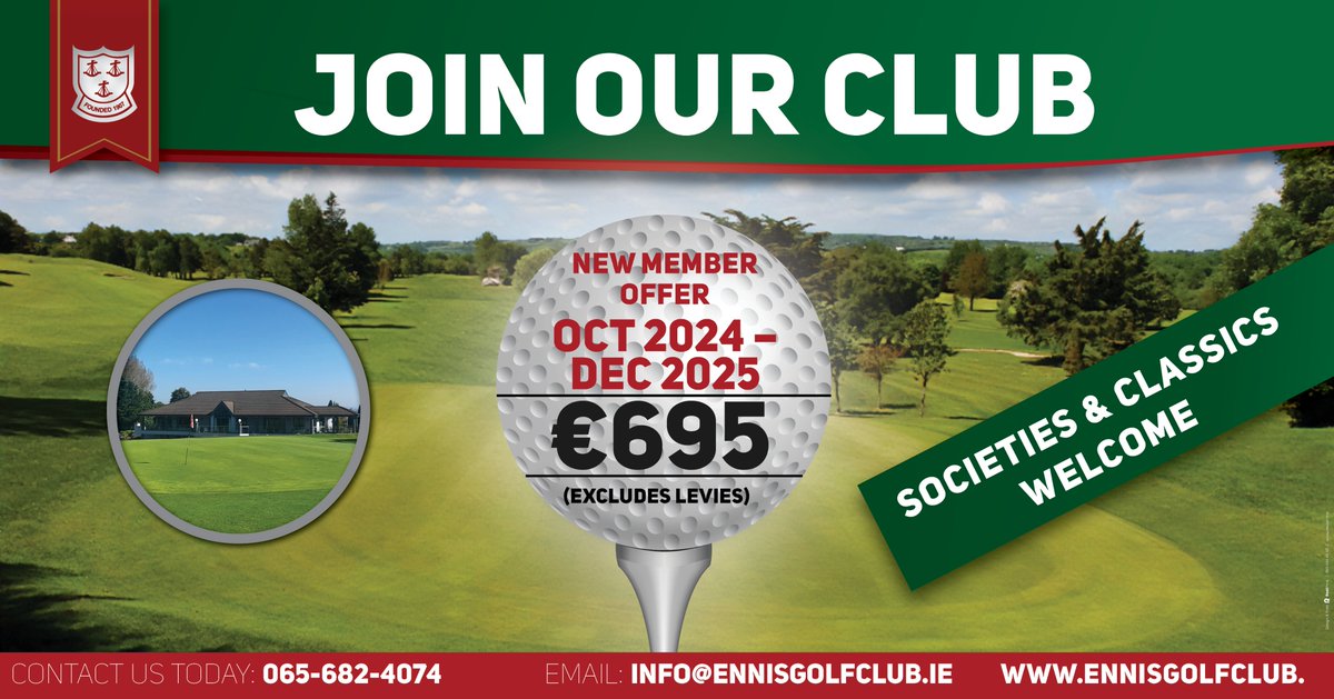 ⛳️New Member Offer ⛳️
Join today until December 2025 for €695 😍
For more information call the office on 065-6824074 or email info@ennisgolfclub.ie 🤩
#NewMemberOffer #EnnisGolfClub #ennis #clare