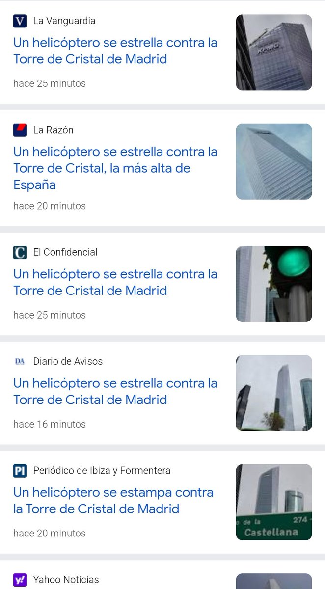 VDeDomingo's tweet photo. ¿Cómo funcionan los medios en España?

La agencia EFE se inventa que un helicóptero se ha estrellado contra el rascacielos más alto de España. Automáticamente los medios lo publican sin comprobarlo.

Qué no harán con otras noticias. https://t.co/KYSF5g3dxJ