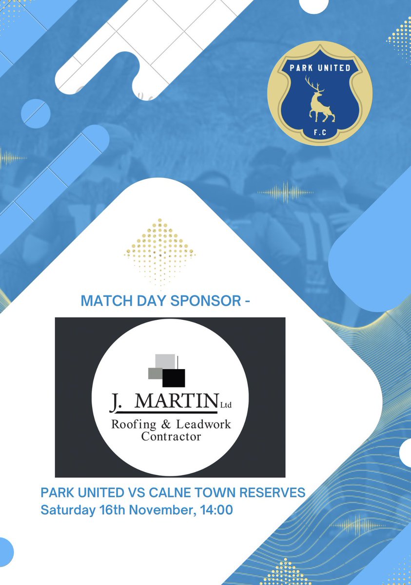 Our game vs <a href="/calne_town/">Calne Town FC Reserves</a> is kindly being sponsored by <a href="/joemartin111/">J.Martin Roofing Contractors & Sons ltd</a> from J.Martin LTD Roofing And Leadwork Contractor who’s company is extremely well known in the local area.

From all at Park United we are very grateful to Joe and look forward to welcoming him on Saturday 🩵