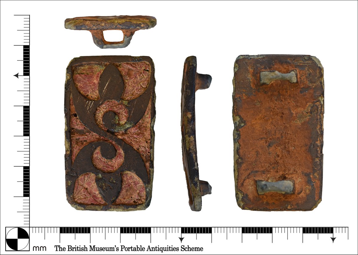 It's #FindsFriday!
I recently recorded this complete late Iron Age to early Roman strap fitting. It has retained most, if not all of it's red enamel and is stunning! 
LEIC-8D4418
finds.org.uk/database/artef…