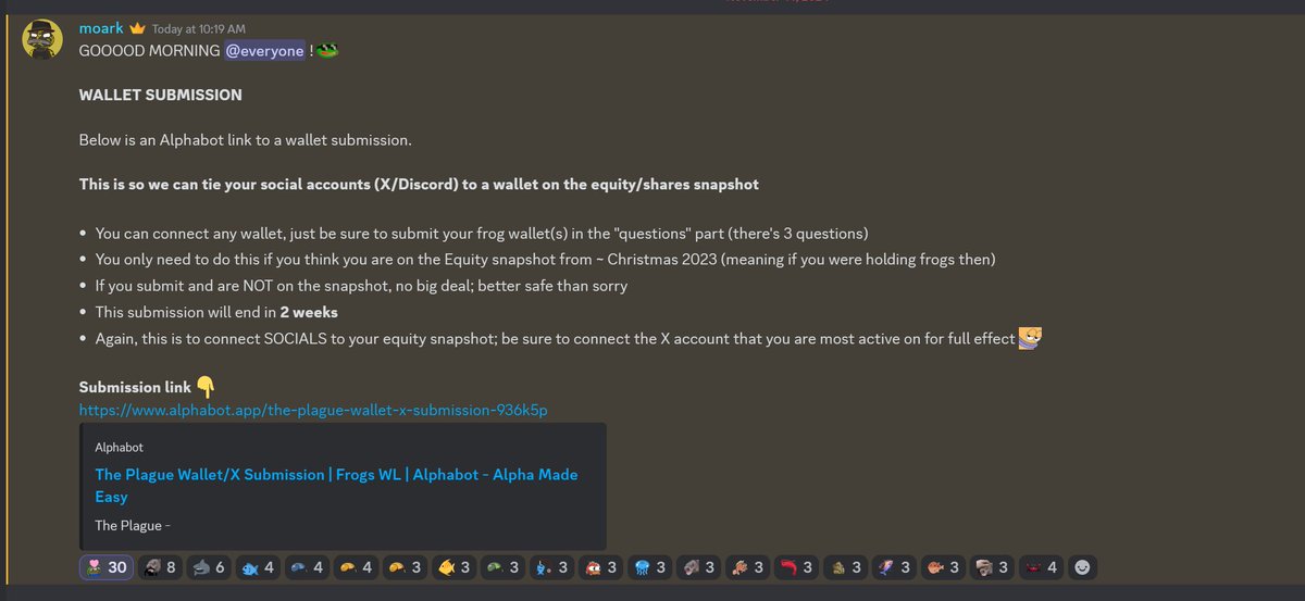 Here it is, 
<a href="/ThePlagueNFT/">The Plague Of Frogs 🐸</a> equity share announcement. 

Equity coming your way!