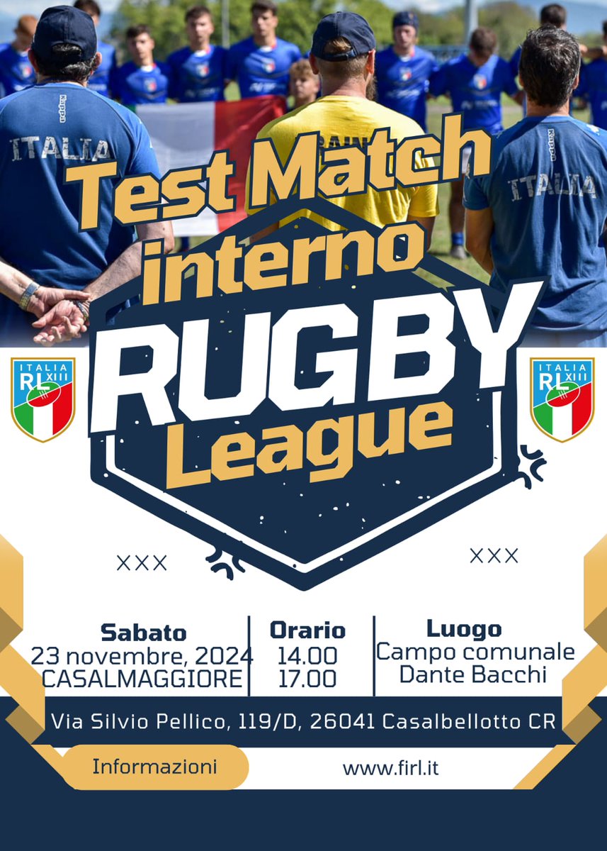 Test Match Interno tra Selezioni FIRL 

🏉🏉🏉⏱️Quando? 
Sabato 23 novembre 2024, dalle 14.00 alle 17.00 

🏟📌🏟 Dove?
Casalmaggiore, Stadio Dante Bacchi.

#FIRL #rugbyleague #testmatch #rugbyleaguefamily