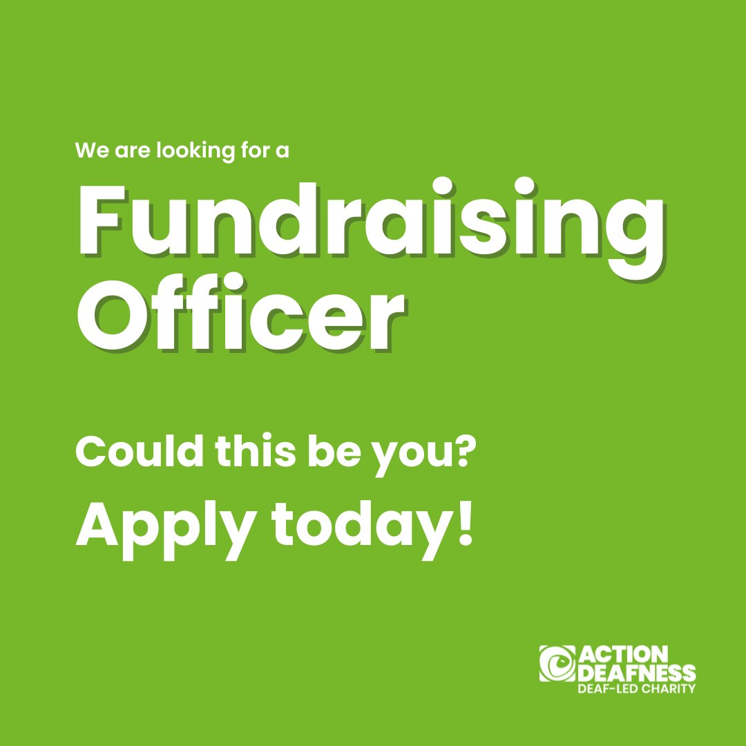 ActionDeafness's tweet photo. New role! We are looking for a #Fundraising Officer
Part time, 15 hours p/wk (flexible working). Location: #Loughborough
If this is the role for you, apply today: https://t.co/lxBTlTI7OS π
Closing date: Friday 29th November 2024
#FundraisingJob #JobVacancy #JobAdvert #Job #Jobs https://t.co/eSfs7uD0Ts
