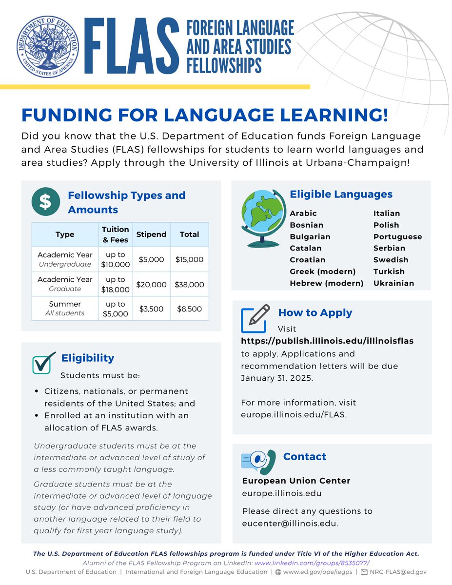 EU Center Illinois (@eucenter) on Twitter photo The application for Summer 2025 and AY 2025-26 FLAS fellowships is now live! For more info on the <a href="/eucenter/">EU Center Illinois</a> FLAS program and to apply, visit europe.illinois.edu/FLAS. And if you missed yesterday's info session, come to the next one on Nov. 19 at 3 P.M. in 207 Psychology Building. The application for Summer 2025 and AY 2025-26 FLAS fellowships is now live! For more info on the <a href="/eucenter/">EU Center Illinois</a> FLAS program and to apply, visit europe.illinois.edu/FLAS. And if you missed yesterday's info session, come to the next one on Nov. 19 at 3 P.M. in 207 Psychology Building.