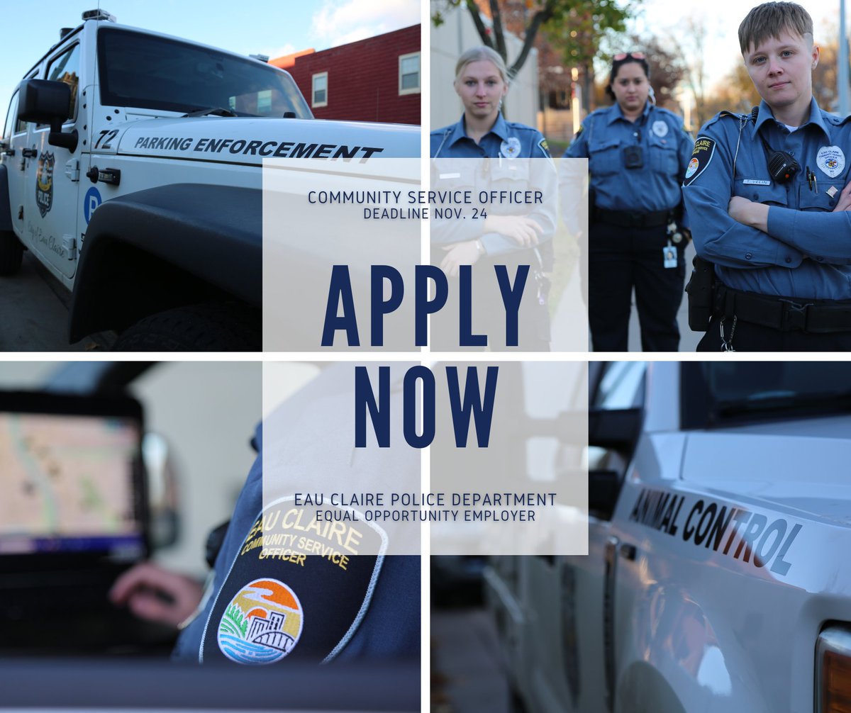 APPLY NOW: COMMUNITY SERVICE OFFICER
The Eau Claire Police Department is now hiring for the benefitted, full-time position of Community Service Officer II. $22.67 to $26.43 per hour, plus excellent fringe benefits! Deadline: Nov. 24, 2024 at 11:59 p.m.
joinecpd.org/community-serv…