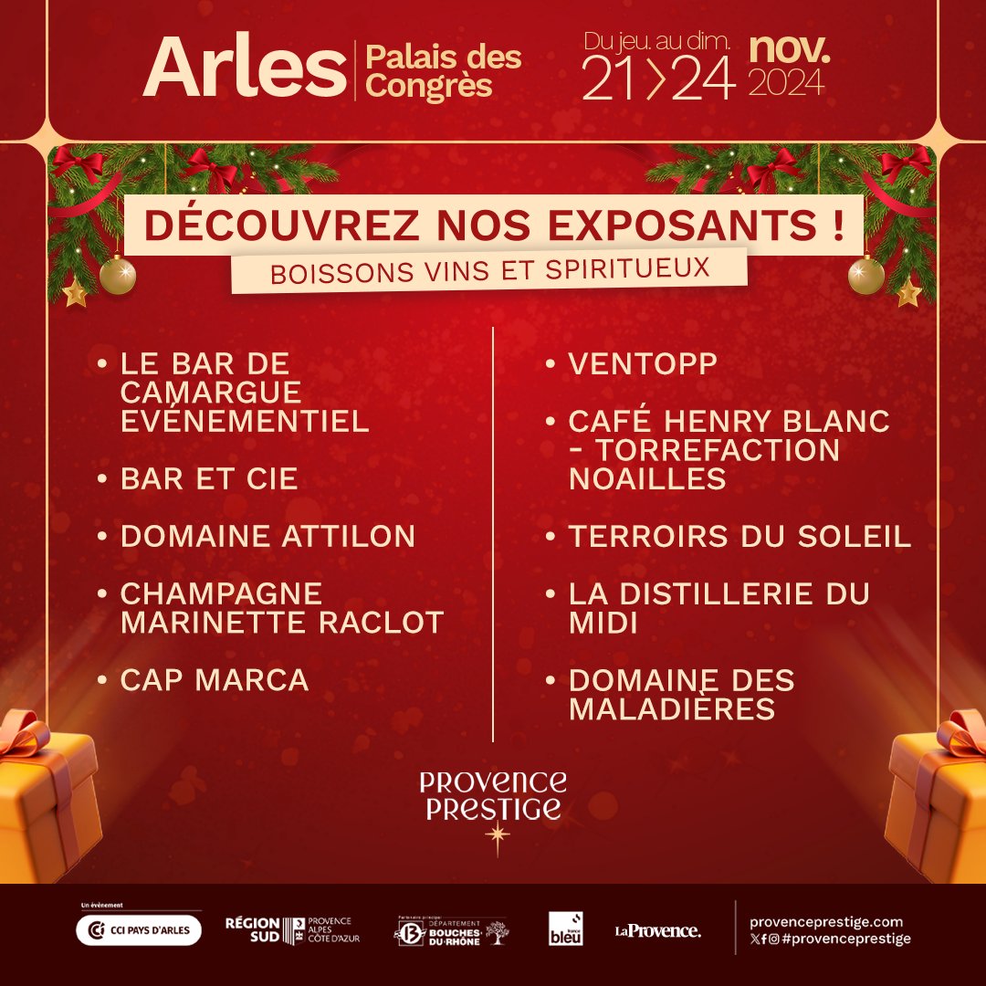 Provence Prestige 2024 : Découvrez nos exposants ! 🎉

Rendez-vous du jeudi 21 au dimanche 24 novembre au Palais des Congrès Arles, pour découvrir l'artisanat provençal 

#ProvencePrestige #BoissonsVinsetSpiritueux #MadeInProvence #Arles #ÉvénementLocal