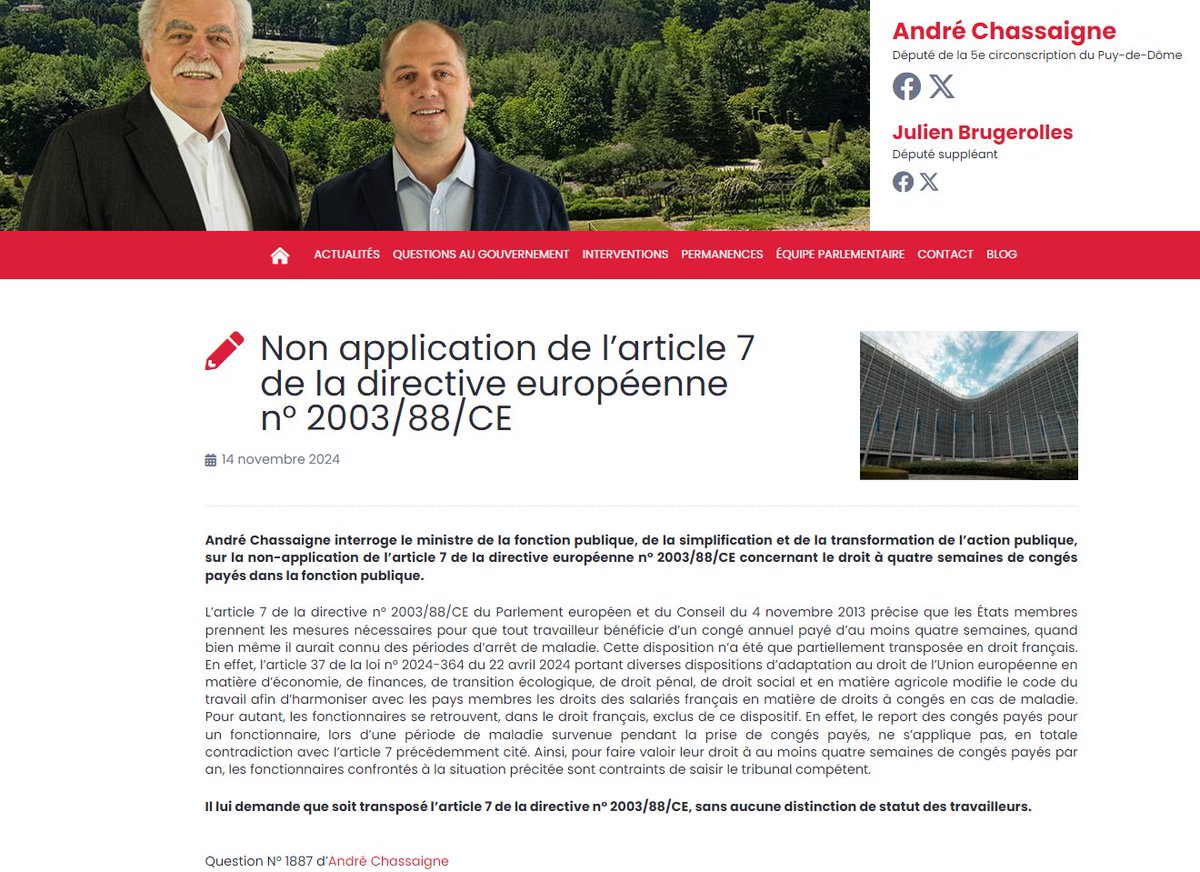 André Chassaigne (@andrechassaigne) on Twitter photo J'interroge le ministre de la fonction publique <a href="/guillaumekasba/">Guillaume Kasbarian</a> sur la non-application de l’article 7 de la directive européenne n° 2003/88/CE concernant le droit à quatre semaines de congés payés dans la fonction publique. 👇
andrechassaigne.com/non-applicatio… J'interroge le ministre de la fonction publique <a href="/guillaumekasba/">Guillaume Kasbarian</a> sur la non-application de l’article 7 de la directive européenne n° 2003/88/CE concernant le droit à quatre semaines de congés payés dans la fonction publique. 👇
andrechassaigne.com/non-applicatio…