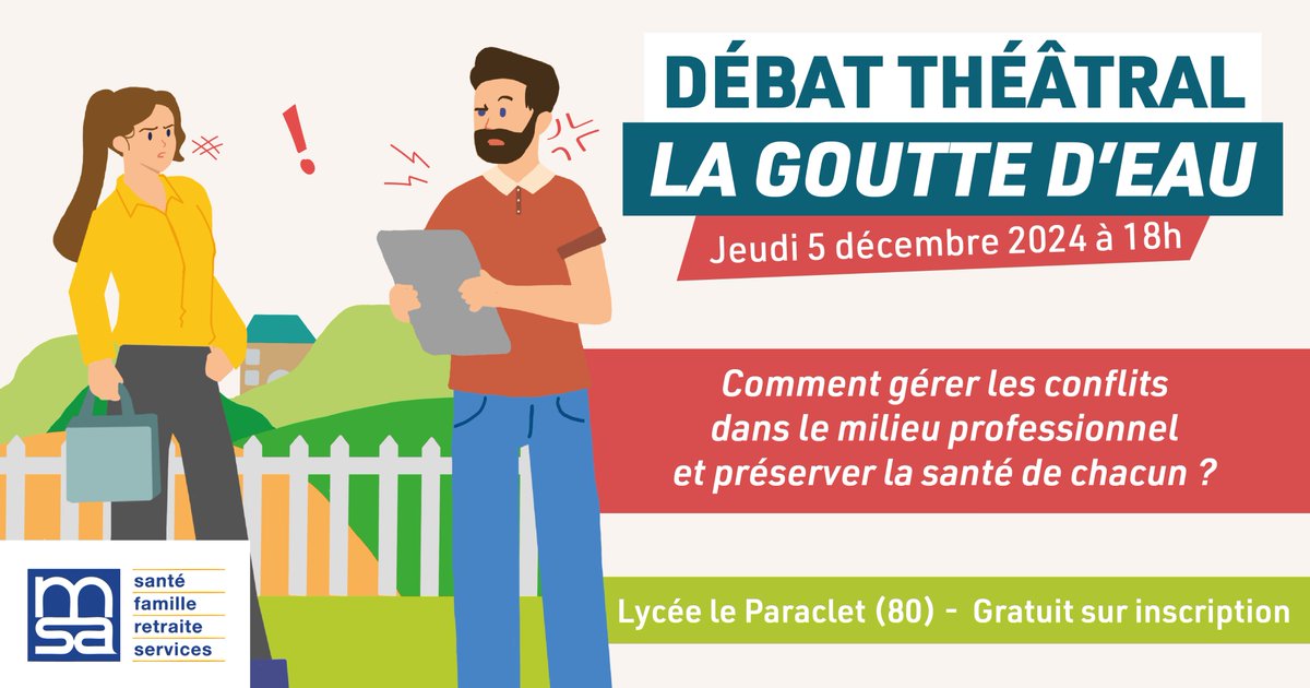 MSA_Picardie's tweet photo. 🎭 Découvrez les défis des relations en milieu professionnel avec "La Goutte d’Eau", le débat théâtral de la #MSAPicardie.
Plongez dans le quotidien de personnages attachants et explorez comment gérer les conflits au travail. Détails et réservation 👉 https://t.co/qpqiRnQMuB https://t.co/XLG6OivONK