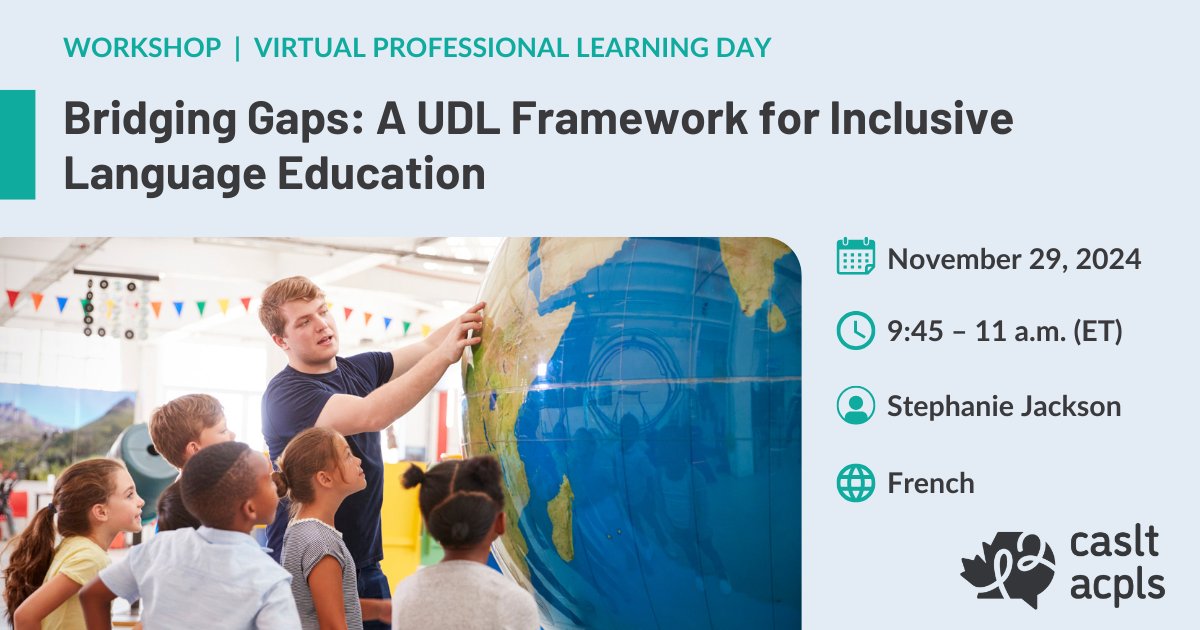 Universal Design for Learning (UDL) is a framework for designing inclusive, culturally responsive, &amp; trauma-informed learning experiences for all students.

Register for our #VirtualPLDay on November 29 to participate in this workshop ➡️ caslt.org/en/event/virtu… #langchat