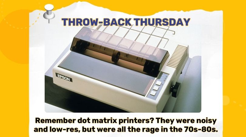 TBT: Remember dot matrix printers? They were so noisy and low-res, but were popular in the 70s-80s. 🖨️ These days, about 62% of people own a household inkjet or laser printer. Pitt students don't need one; they can use Pitt Print stations: pi.tt/print. #H2P #PittNow