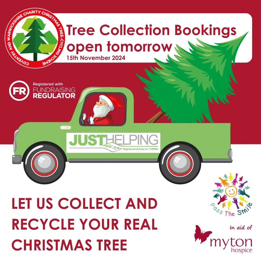 We know it's only November, but bookings to collect and recycle your real #Christmas tree open TOMORROW! 

This year we are collecting from every CV postcode 💚♻️🌲

Volunteers will collect and recycle your tree in return for a donation to <a href="/MytonHospices/">The Myton Hospices</a> and <a href="/PassTheSmileOrg/">Pass The Smile For Ben🎗🌻🐋</a>