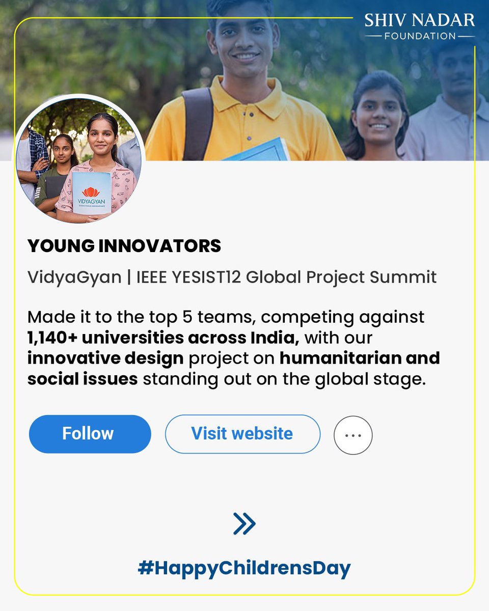 ShivNadarFDN's tweet photo. At Shiv Nadar Foundation, we are committed to empowering young minds to drive meaningful change and emerge as next-gen leaders. This #ChildrensDay, we celebrate all the students who are redefining the future through their creativity, leadership &amp; passion for innovation. https://t.co/uCnncedypf