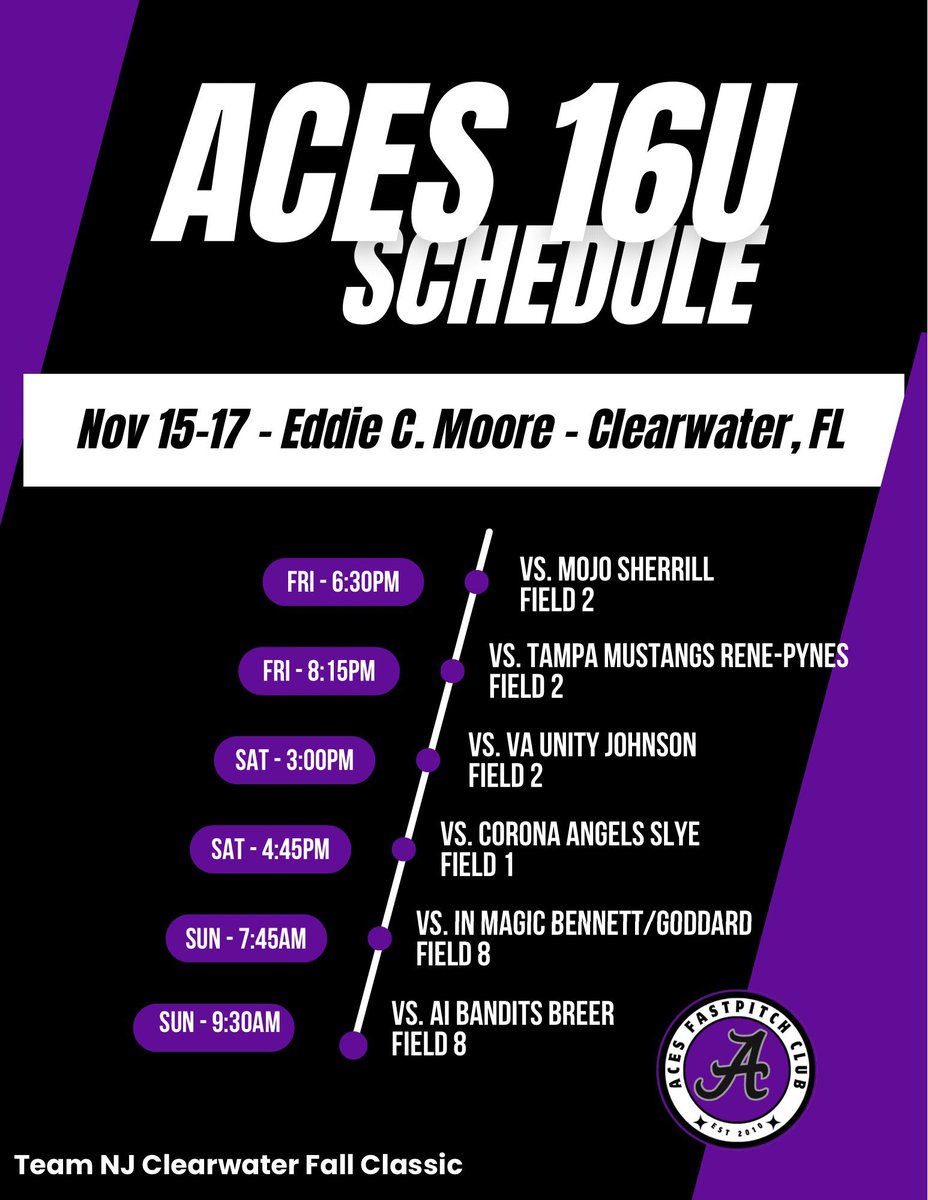 Heading south for our final Fall tournament - Clearwater Fall Classic. ✈️🌴☀️🥎🥎

Come on out to Eddie C. Moore Complex and check us out. Schedule here: 👇🏼👇🏼