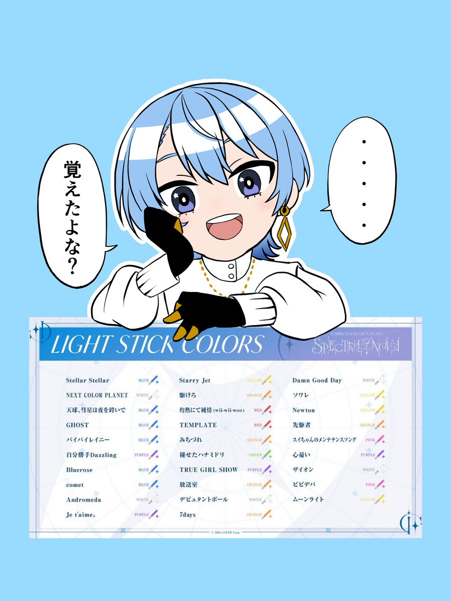 ペンライトの色カンニングするときにすいちゃんに圧かけられてくて 作りました
…結構覚えられてなくて何度もお世話になりました
#かけめぐるほしまち
