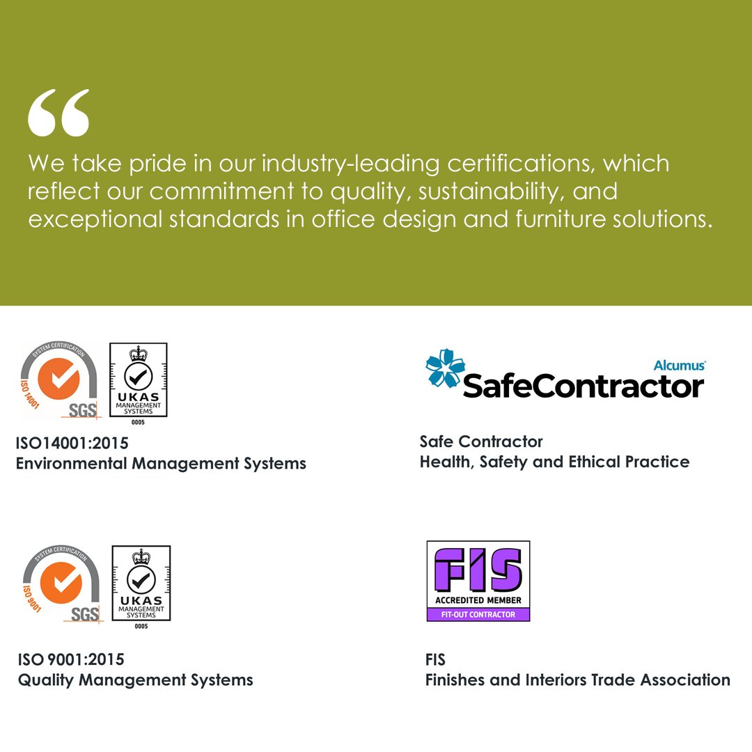 Our certifications are more than just badges—they’re a testament to our commitment to sustainability, quality, and excellence in office design and furniture solutions!