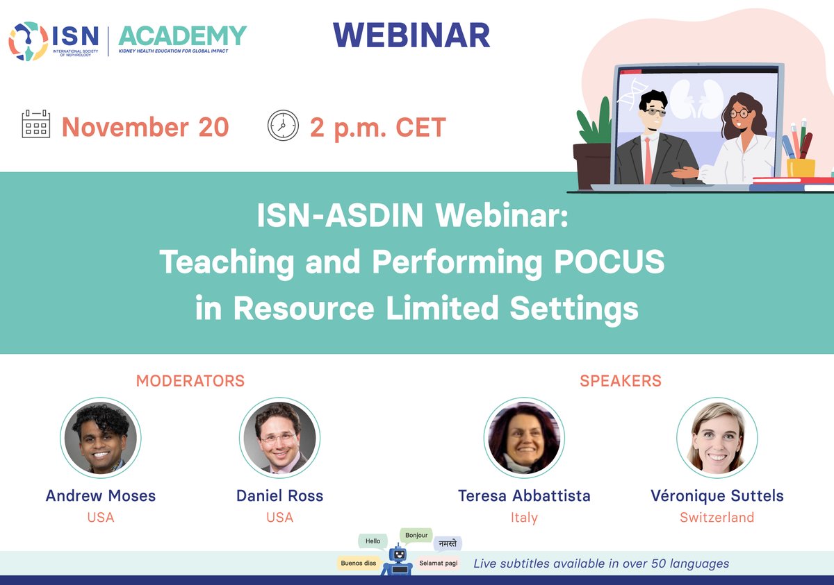 Int Society of Nephrology (@isnkidneycare) on Twitter photo 𝗦𝗔𝗩𝗘 𝗧𝗛𝗘 𝗗𝗔𝗧𝗘 for the ISN-<a href="/ASDINNews/">ASDIN</a> Webinar: Teaching and performing POCUS in resource-limited settings
🗣️ Teresa Abbattista, Véronique Suttels
👤 <a href="/AMosesMD/">Andrew Moses</a>, Daniel Ross
🗓️ November 20
🕛 2 pm CET
🔗 Free registration: ow.ly/KHQ850U5ArY 𝗦𝗔𝗩𝗘 𝗧𝗛𝗘 𝗗𝗔𝗧𝗘 for the ISN-<a href="/ASDINNews/">ASDIN</a> Webinar: Teaching and performing POCUS in resource-limited settings
🗣️ Teresa Abbattista, Véronique Suttels
👤 <a href="/AMosesMD/">Andrew Moses</a>, Daniel Ross
🗓️ November 20
🕛 2 pm CET
🔗 Free registration: ow.ly/KHQ850U5ArY