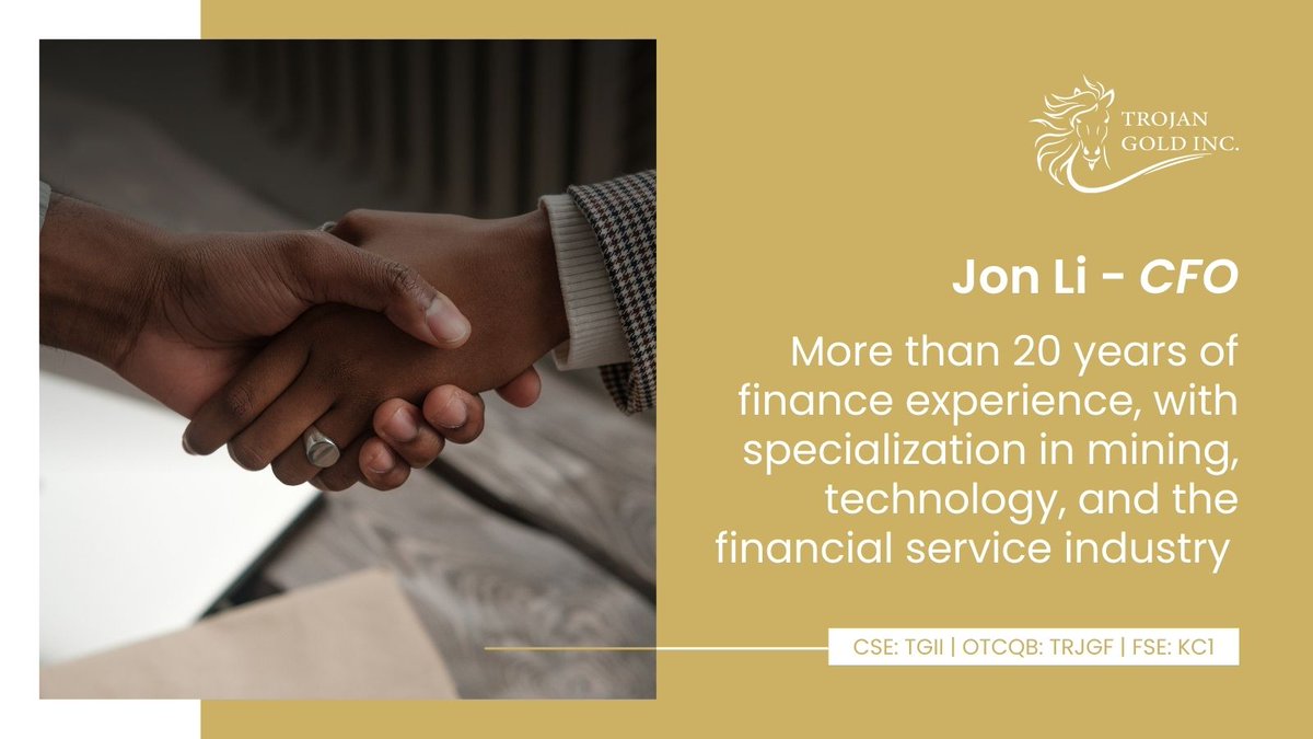TrojanGoldInc's tweet photo. 🤝 CFO, Jon Li brings 20+ years of finance experience, as well as performing financial and support services for both public &amp; private companies.

Meet our team ➡️ https://t.co/Jqwo49HHhA
🇨🇦 $TGII
🇺🇸 $TRJGF
🇩🇪 FSE: KC1
#goldmining #Drillprogram #miningindustry #mininggold https://t.co/h8FnGZPkkG