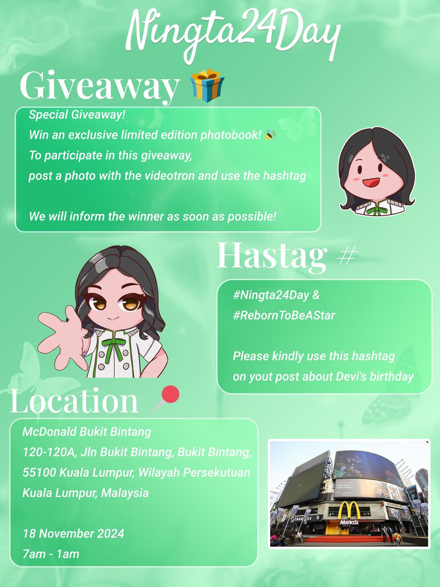 In celebration of Ningta24Day, we’re hosting a special giveaway where you can win an exclusive limited edition photobook! 📚✨

📸 How to Participate :
1.Visit the Videotron at McDonald’s Bukit Bintang in Kuala Lumpur .
2.Snap a photo with the display.
3.Post it