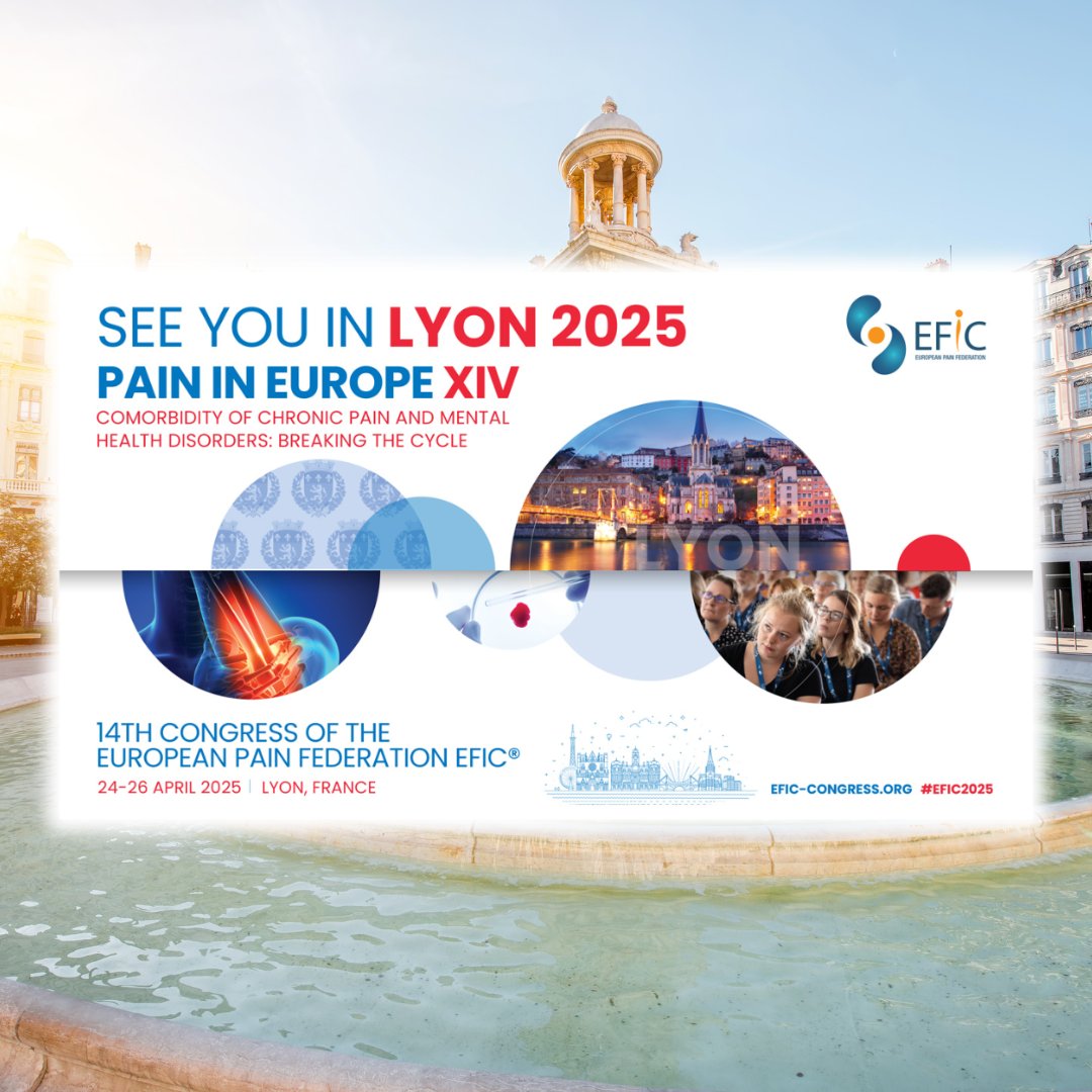The European Pain Federation EFIC invites you to the 14th EFIC Congress - Pain in Europe XIV, from 24-26 April 2025 in Lyon. Join the largest international gathering of pain experts to explore the latest advances in pain science. Register now: bit.ly/4eFYbCk