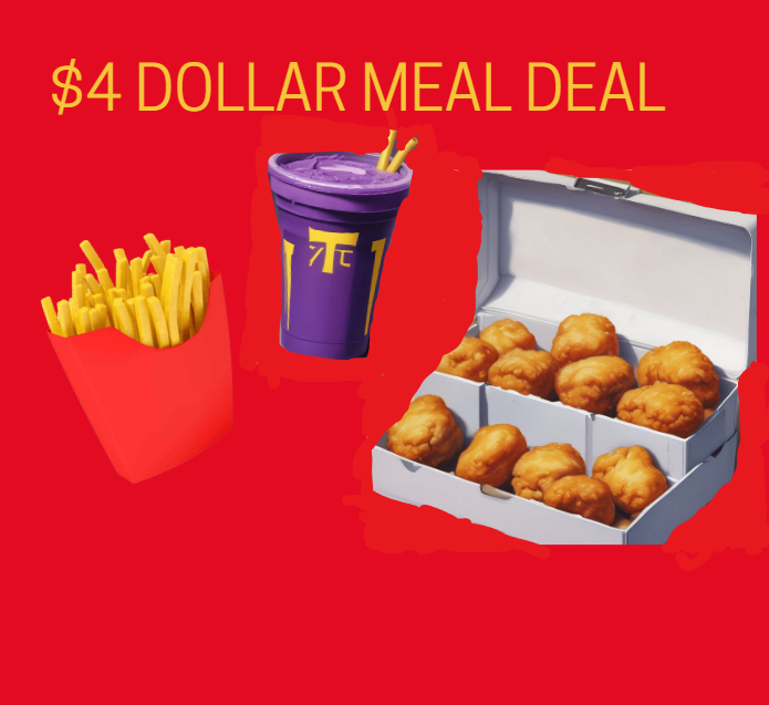 PickeringW95329's tweet photo. The all new $4 Dollar Meal Deal!
Get a crispy fry, a Tmac shake, and a 12 piece of SATnuggets! 
All for $4, limited time only stop by and get yours today!
🍟🍔 https://t.co/WQWUmmcWLZ