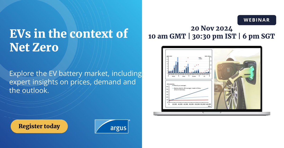 ArgusMedia's tweet image. 🖥️ 𝗪𝗲𝗯𝗶𝗻𝗮𝗿: 𝗘𝗩𝘀 𝗶𝗻 𝘁𝗵𝗲 𝗰𝗼𝗻𝘁𝗲𝘅𝘁 𝗼𝗳 𝗡𝗲𝘁 𝗭𝗲𝗿𝗼 | Register now okt.to/k28zc5 to hear essential analysis of the current EV battery market as well as the future of batteries.

#EVs #batterymaterials #netzero #metals