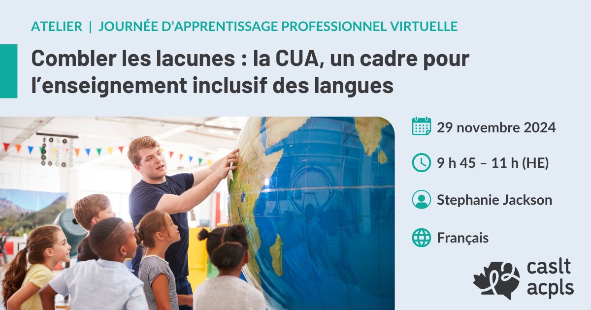 La conception universelle pour l’apprentissage est un cadre pour concevoir des expériences d’apprentissage inclusives, sensibles à la culture &amp; tenant compte des traumatismes pour tous les élèves.

Assistez à cet atelier à notre #VirtualPLDay le 29 nov. ➡️ caslt.org/fr/evenement/j…