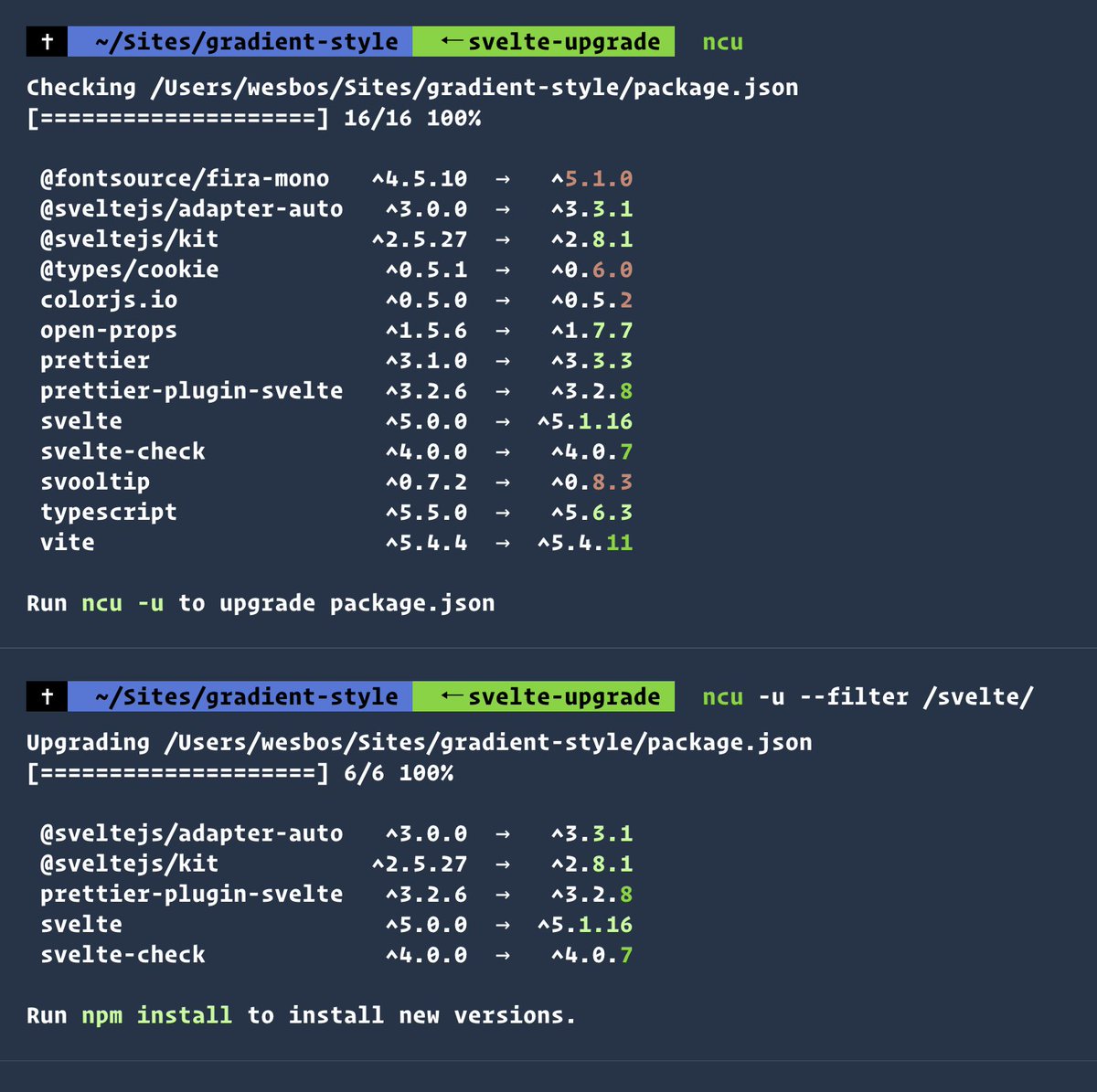 Use `ncu` with --filter to update dependencies by a specific name

works with npm, yarn, pnpm, deno and bun - though some tools like pnpm also have this built in

`npm i npm-check-updates -g` to install