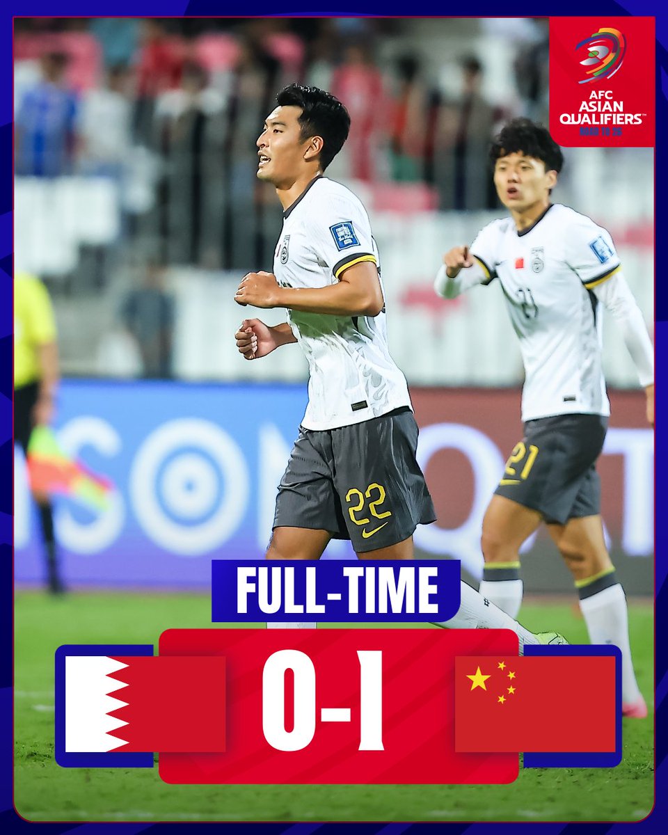 afcasiancup's tweet photo. FT | 🇧🇭 Bahrain 0️⃣-1️⃣ China PR 🇨🇳  

China PR win their second game in a row to move level on points with Saudi Arabia and Australia!

Watch 𝙇𝙄𝙑𝙀: https://t.co/yCb3TagipU

#AsianQualifiers | #BHRvCHN https://t.co/SEY6C9vsCO