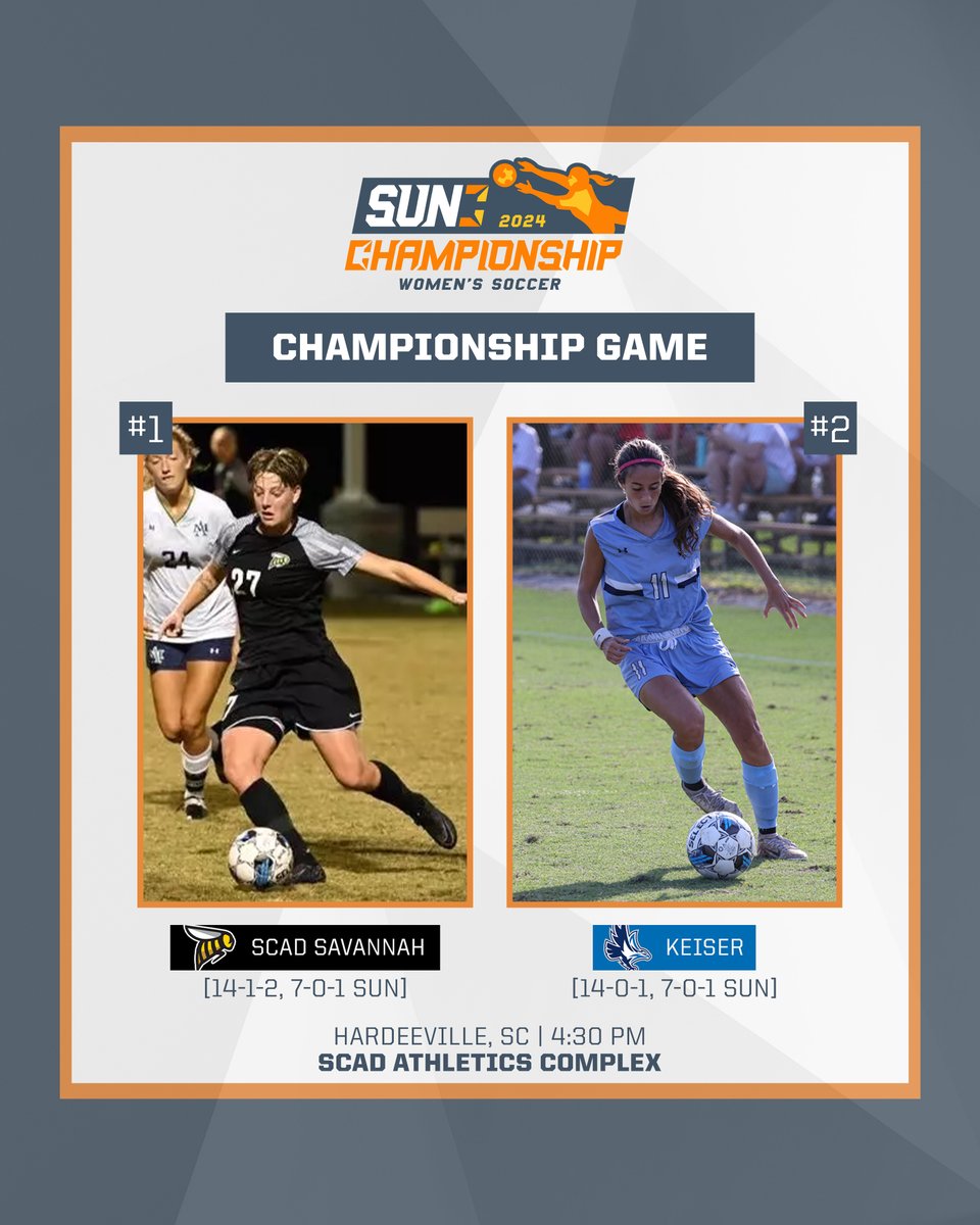 SunConference's tweet image. TODAY 🏆 The Regular Season Co-Champions go head-to-head with the #SUNWSOC Tournament Title on the line! 

Tune in live on thesundigitalnetwork.com 📺

@SCADWSoccer | @Keiser_WSoccer