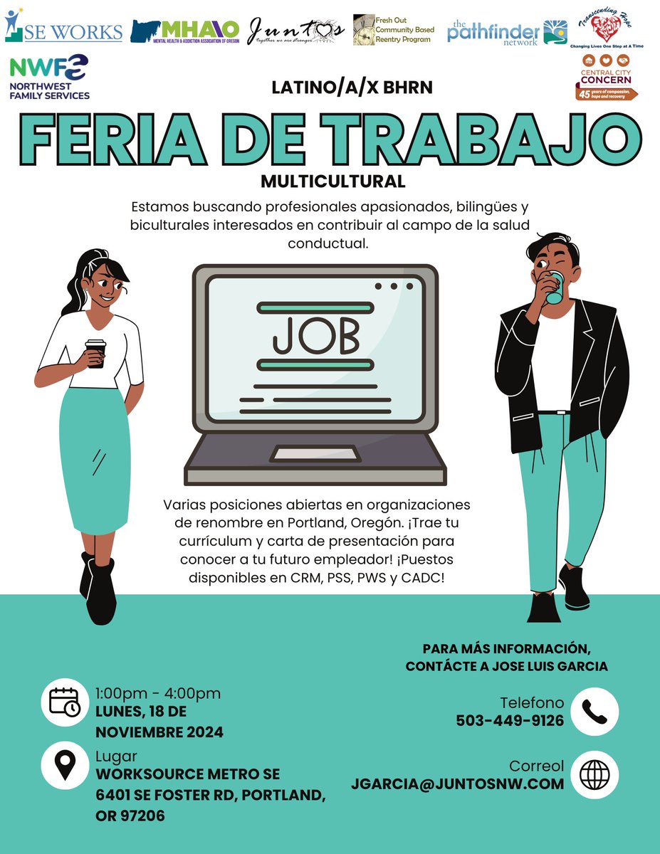 Come find us this coming Monday, 11/18, at the Latino/a/x BHRN Multicultural Job Fair at Worksource Metro SE (6401 SE Foster Rd, Portland) from 1:00-4:00 PM. 

Uliyana and Le Anne will be onsite to chat about job opportunities at The Pathfinder Network. #Hiring #JobFair #Portland