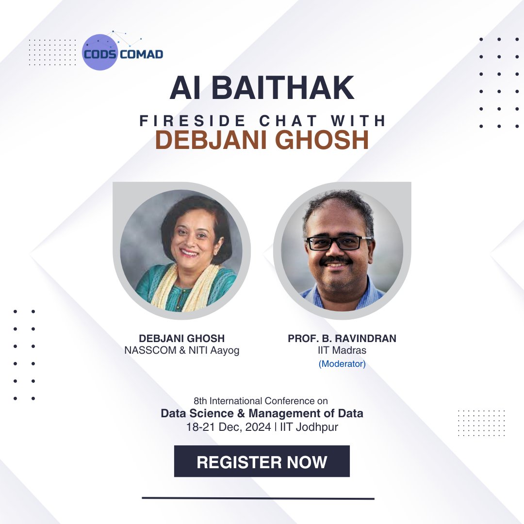 It's a great honor for us to host <a href="/debjani_ghosh_/">debjani ghosh</a> for a fireside chat at #CODSCOMAD moderated by <a href="/ravi_iitm/">Balaraman Ravindran</a>. Join us at <a href="/iitjodhpur/">Indian Institute of Technology Jodhpur</a> to interact with the community &amp; make the most of it. Register here: cods-comad.in/registration.p…