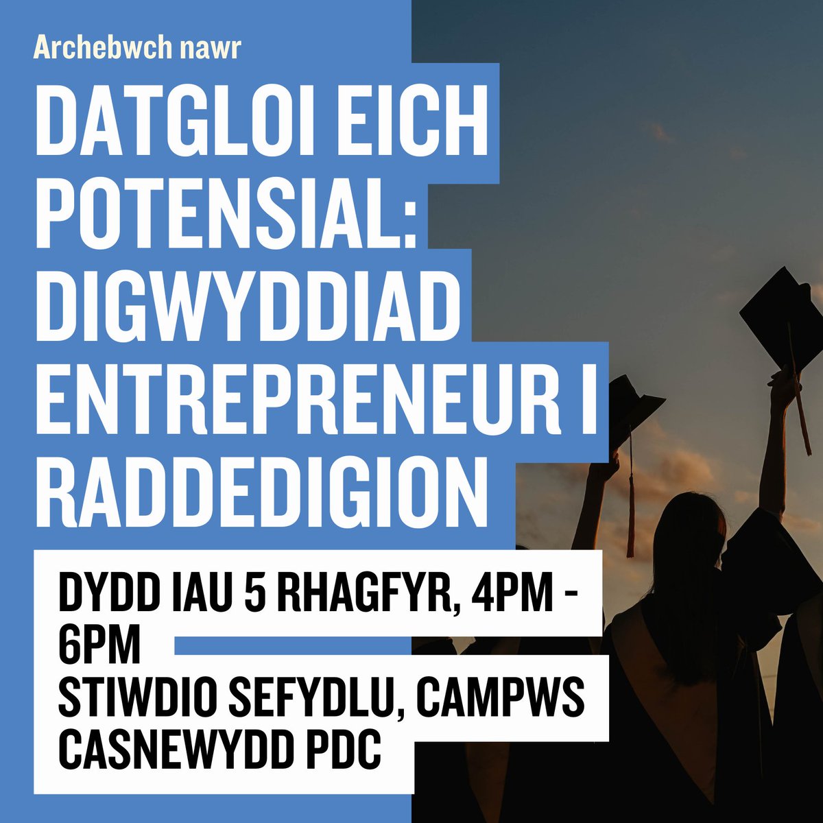 P'un a ydych eisoes yn entrepreneur, yn paratoi i lansio'ch busnes cyntaf neu'n archwilio'ch syniadau, mae'r digwyddiad unigryw hwn wedi'i deilwra i roi'r offer, y mewnwelediadau a'r cysylltiadau i chi i helpu'ch menter i ffynnu.

eventbrite.co.uk/e/datgloi-eich…