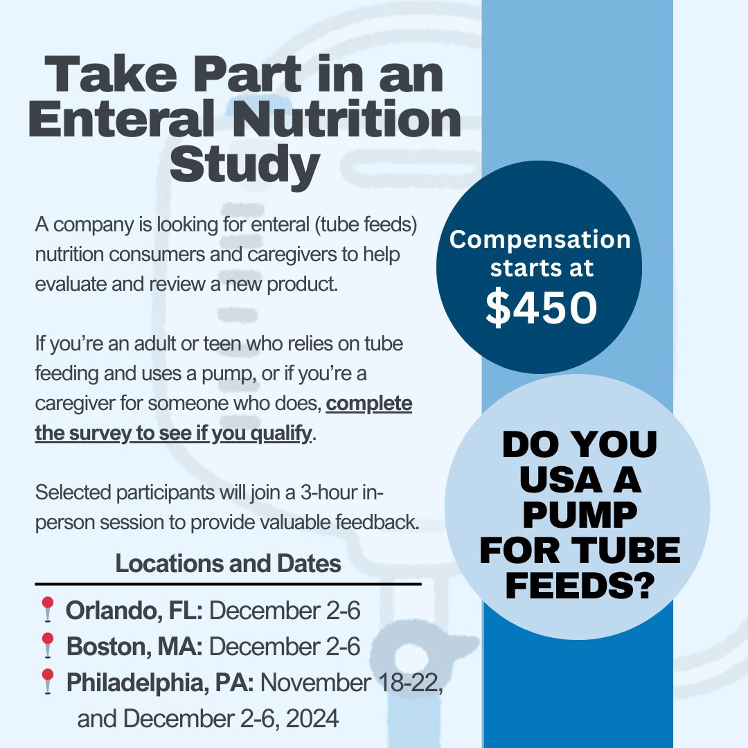 🔍Seeking Enteral Pump Users for Product Research! 🔍 A company is looking for enteral nutrition consumers and caregivers (both adults and minors with caregivers) for a new product study. Start with our pre-screener to see if you qualify: surveymonkey.com/r/JKMST5G