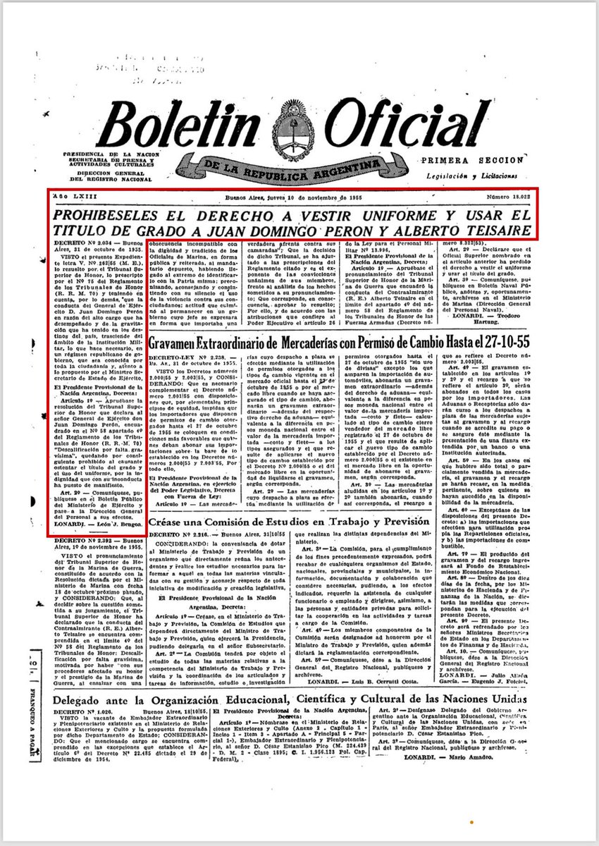 lucampora's tweet photo. En noviembre del 55, la dictadura que derrocó a Perón dictó un decreto retirándole los títulos militares con los mismos fundamentos que el comunicado de hoy de Capital Humano contra Cristina: el “honor” y la “indignidad”. 

Son tan obvios y tan berretas. Como los jueces que ayer proscribieron a Cristina casi como en homenaje a Aramburu, que asumió un 13 de noviembre.