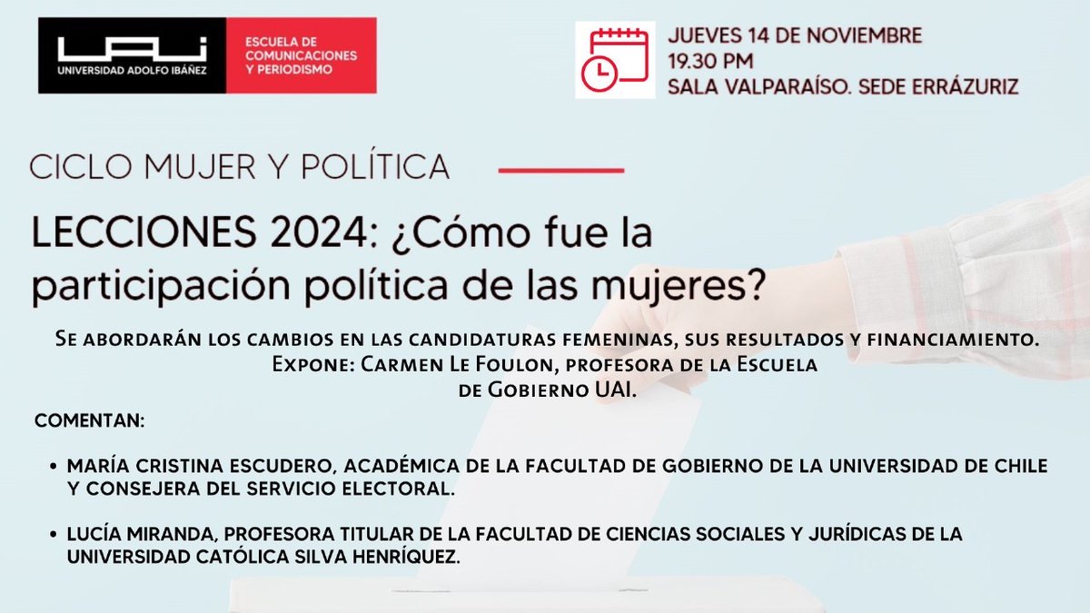 📢 ¡ES HOY!
La investigadora #CISJU Lucía Miranda @lumiralei participa del ciclo Mujeres y Política en la <a href="/UAI_CL/">UAI</a> 
📢Panel "Lecciones 2024: ¿Cómo fue la participación política de las mujeres" junto a la académica <a href="/uchile/">Universidad de Chile</a> María Cristina Escudero, consejera del Servicio Electoral.