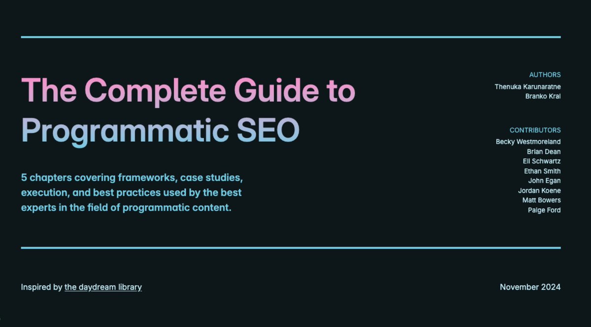 🚀 Thrilled to announce that daydream is publishing the most comprehensive, hands-on guide to programmatic SEO (pSEO) EVER!

After weeks of creative work, we’ve crafted a resource aimed to serve both ends of the spectrum: those just beginning to explore the potential of pSEO, and